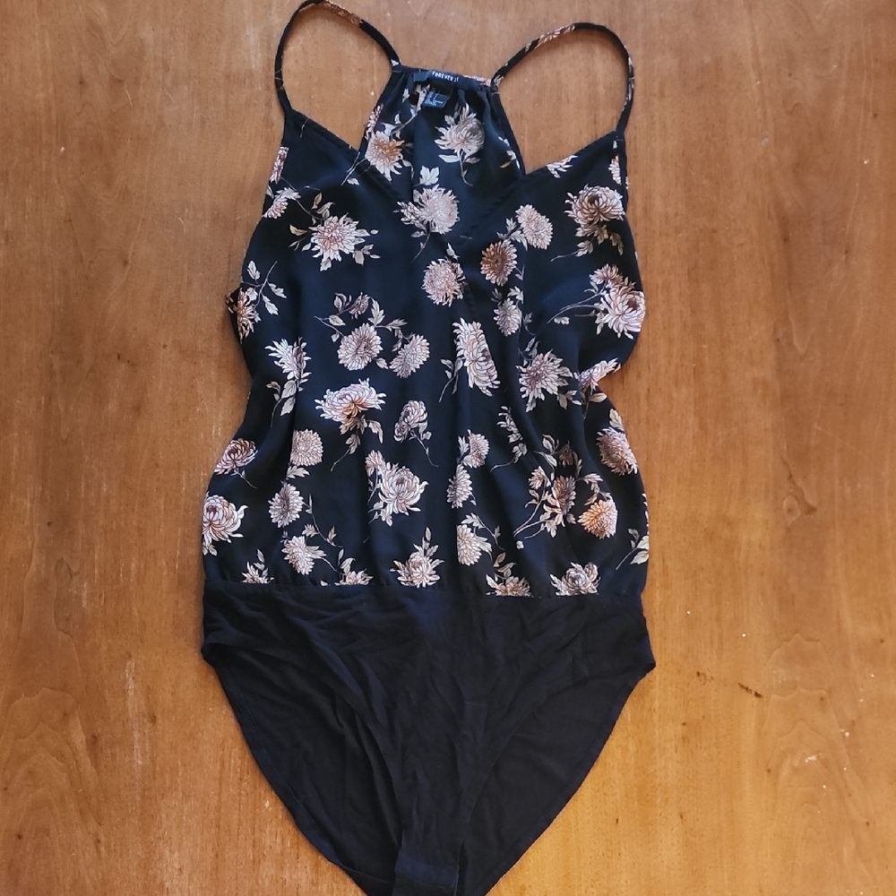 Forever 21 Black and Pink Floral Bodysuit